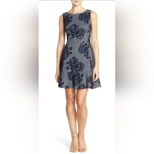 Betsey Johnson Navy Blue Jacquard Floral Rose Flounce Sleeveless Dress Size 12